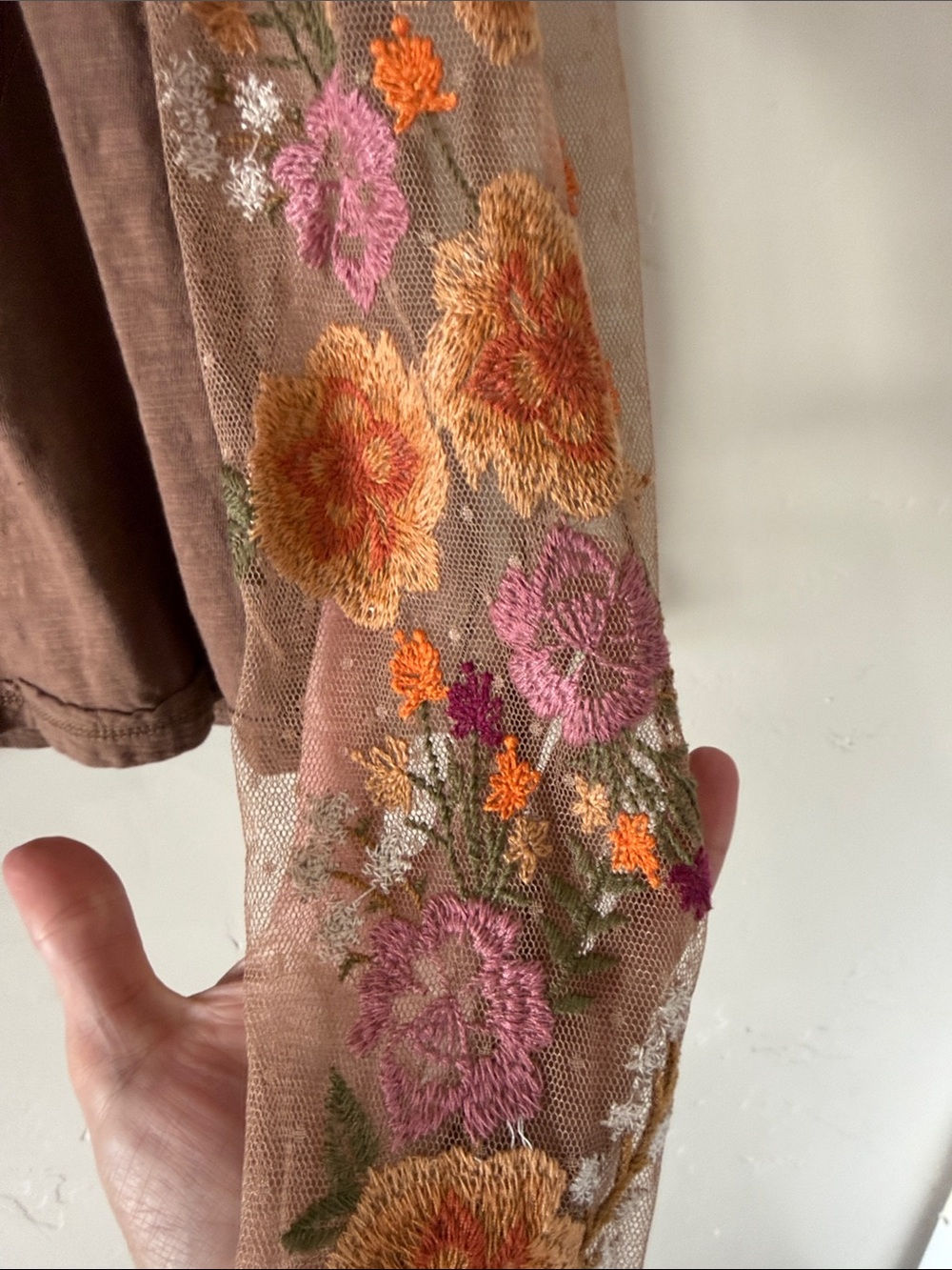 In Bloom Brown Tee with Floral Mesh Sleeves - Picture 3 of 3